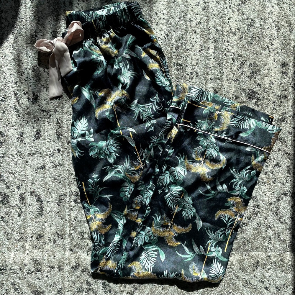 Victoria's Secret Black Tropical Print Pajama Pants with Green and Gold Accents